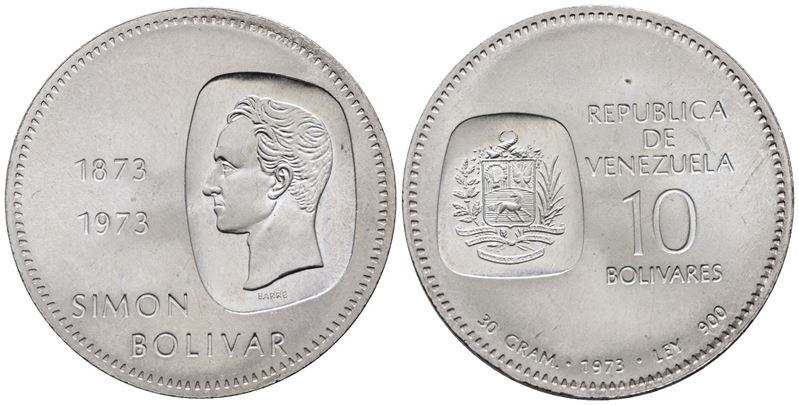 VENEZUELA. 10 bolivar 1973. Y 45; Ag; 30gr