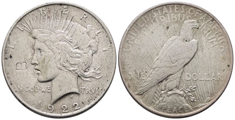 Usa. Philadelphia. Dollaro 1922 "peace". Km 150; Ag; 26,73gr.; Contromarca B al Dritto