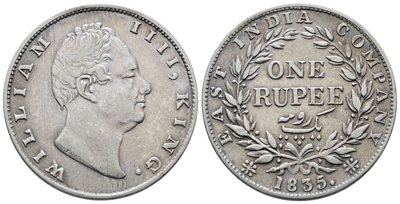 India. Guglielmo IV (1830-1837). Rupia 1835. Km 450; Ag; 11,66gr