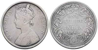 India, Rupia del 1862, Vittoria (1837-1901), KM 473, Argento, 11,66 g