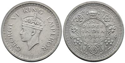 India. Giorgio Vi (1936-1947). Rupia 1944. Km 557; Ag; 11,66gr