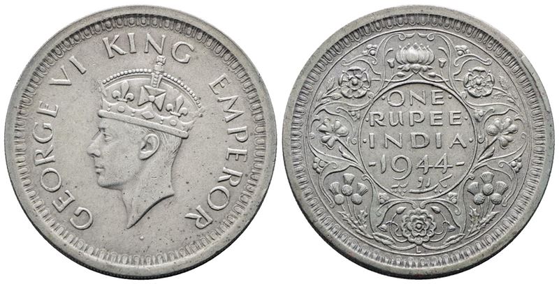 India. Giorgio Vi (1936-1947). Rupia 1944. Km 557; Ag; 11,66gr