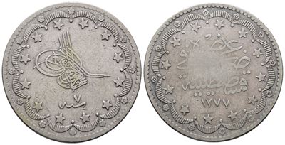Turchia. Abdulaziz (1861-1876). 20 Kurush 1277 (7-1867). Km 693. Ag; 24gr