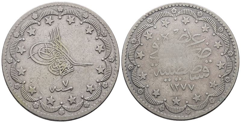 Turchia. Abdulaziz (1861-1876). 20 Kurush 1277 (7-1867). Km 693. Ag; 24gr