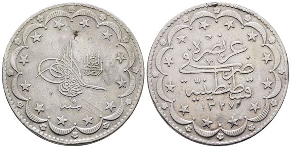 TURCHIA. Mehmed V (1909-1918). 20 kurush 1327 (9-1917). KM 780; Ag; 24gr; Colpi