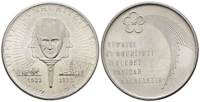 Turchia. 100 Lire 1973 "50° Anniversario 1923-1973". Km 903; Ag; 22gr