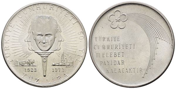 TURCHIA. 100 lire 1973 "50° anniversario 1923-1973". KM 903; Ag; 22gr