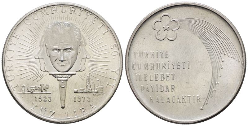 Turchia. 100 Lire 1973 "50° Anniversario 1923-1973". Km 903; Ag; 22gr