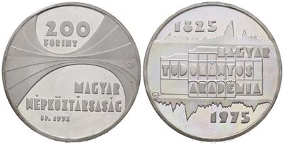 Ungheria. 200 Fiorini 1975 "150 Anni Accademia Ungherese delle Scienze". Km 605; Ag; 28gr