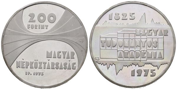 UNGHERIA. 200 fiorini 1975 "150 anni Accademia Ungherese delle Scienze". KM 605; Ag; 28gr