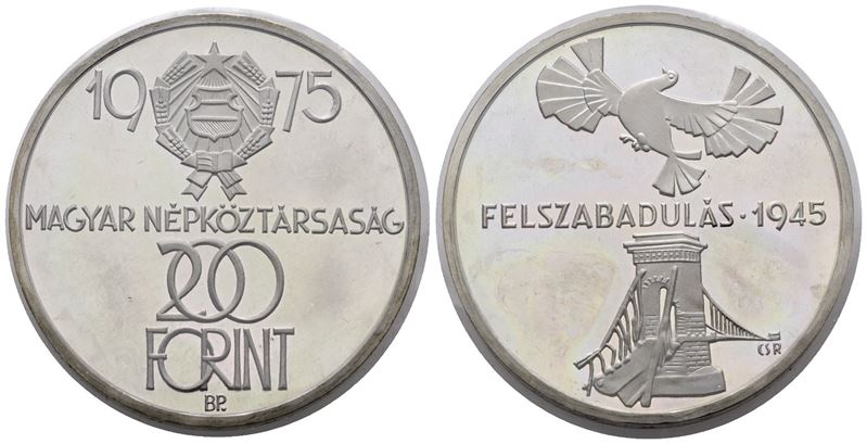 Ungheria. 200 Fiorini 1975 "30 Anni Liberazione Dell'ungheria 1945-1975". Km 604; Ag; 28gr