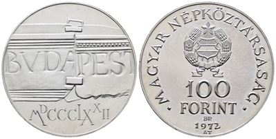Ungheria. 100 Fiorini 1972 "100 Anni Unione di Buda e Pest". Km 598; Ag; 22gr