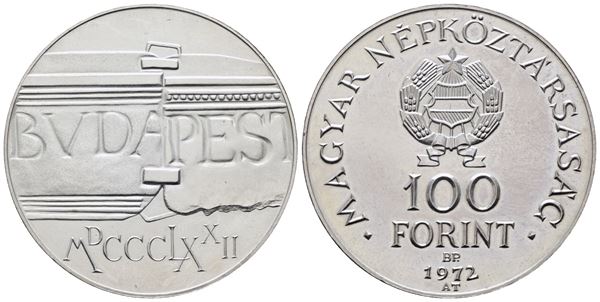 UNGHERIA. 100 fiorini 1972 "100 anni unione di Buda e Pest". KM 598; Ag; 22gr