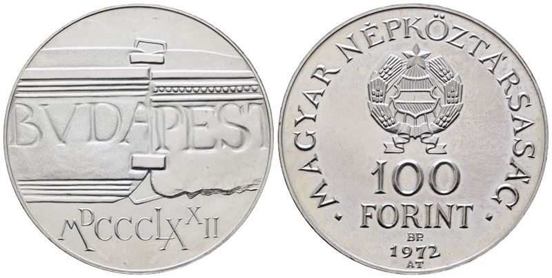 Ungheria. 100 Fiorini 1972 "100 Anni Unione di Buda e Pest". Km 598; Ag; 22gr