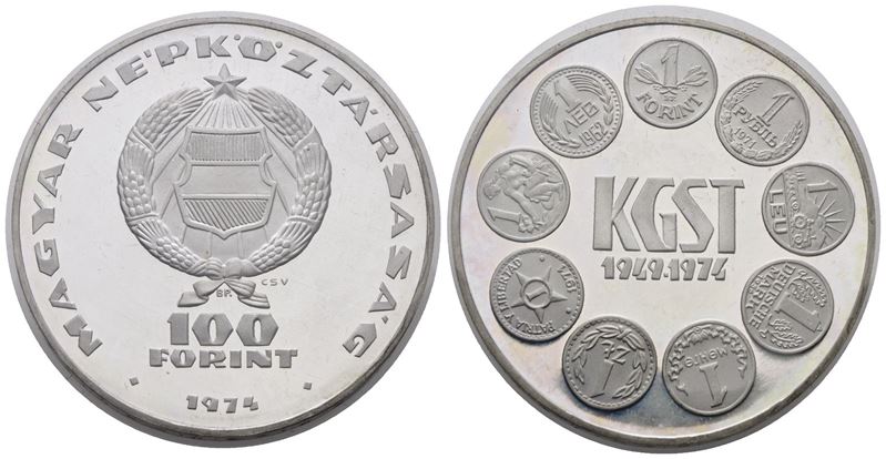 Ungheria. 100 Fiorini 1974 "25 Anni Istituzione Comecon". Km 602; Ag; 22gr