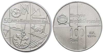 Ungheria. 100 Fiorini 1974 "50 Anni Banca Nazionale". Km 603; Ag; 22gr