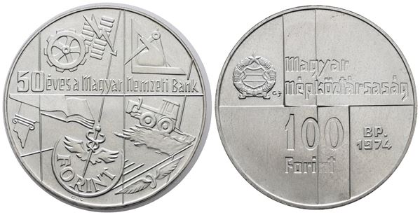 UNGHERIA. 100 fiorini 1974 "50 anni Banca Nazionale". KM 603; Ag; 22gr