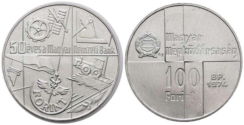 Ungheria. 100 Fiorini 1974 "50 Anni Banca Nazionale". Km 603; Ag; 22gr