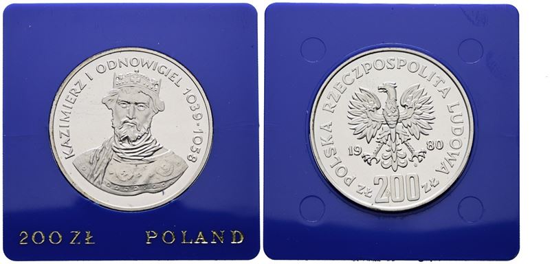 Polonia. 200 Zlotych 1980 "kazimierz I". Y 118; Ag; 17,6gr. in Capsula Blu.