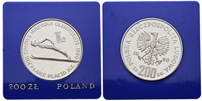 Polonia. 200 Zlotych 1980 "olimpiadi Invernali. Lago Placid". Y 110; Ag; 17,6gr. in Capsula Blu.