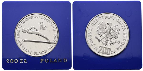 POLONIA. 200 zlotych 1980 "Olimpiadi invernali. Lago Placid". Y 110; Ag; 17,6gr. In capsula blu.