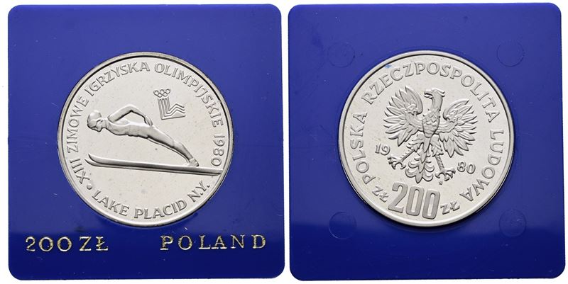 Polonia. 200 Zlotych 1980 "olimpiadi Invernali. Lago Placid". Y 110; Ag; 17,6gr. in Capsula Blu.