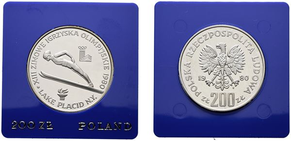 POLONIA. 200 zlotych 1980 "Olimpiadi invernali. Lago Placid - Torcia". Y 110.1; Ag; 17,6gr. In capsula blu.