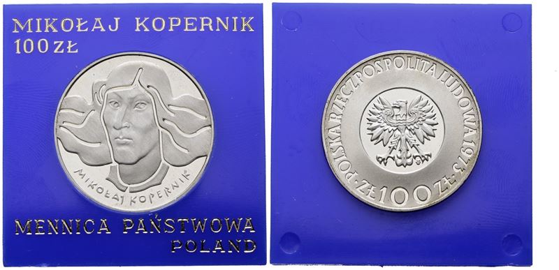 Polonia. 100 Zlotych 1973 "500 Anni Nascita di Copernico". Y 68; Ag; 16,5gr. in Capsula Blu.