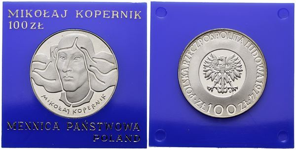 POLONIA. 100 zlotych 1974 "500 anni nascita di Copernico". Y 68; Ag; 16,5gr. In capsula blu.
