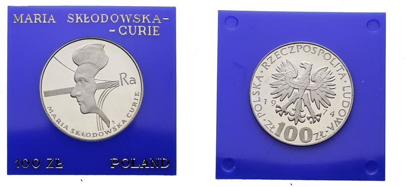 Polonia. 100 Zlotych 1974 "40 Anni Morte Marie Sklodowska Curie". Y 68; Ag; 16,5gr. in Capsula Bl...