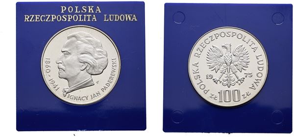 POLONIA. 100 zlotych 1975 "115 anni nascita di Paderewski". Y 77; Ag; 16,5gr. In capsula blu.