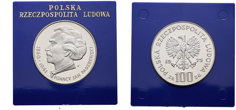 Polonia. 100 Zlotych 1975 "115 Anni Nascita di Paderewski". Y 77; Ag; 16,5gr. in Capsula Blu.