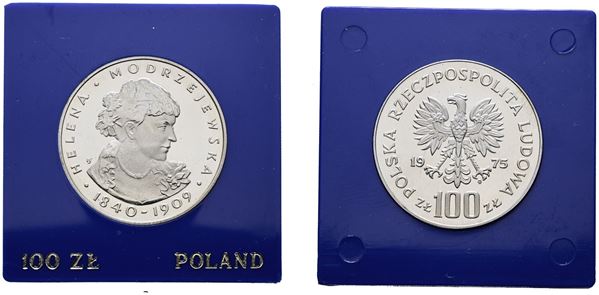 POLONIA. 100 zlotych 1975 "135 anni nascita di Helena Modjeska". Y 78; Ag; 16,5gr. In capsula blu.