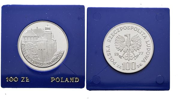 POLONIA. 100 zlotych 1977 "Castello reale di Wawel". Y 91; Ag; 16,5gr. In capsula blu.