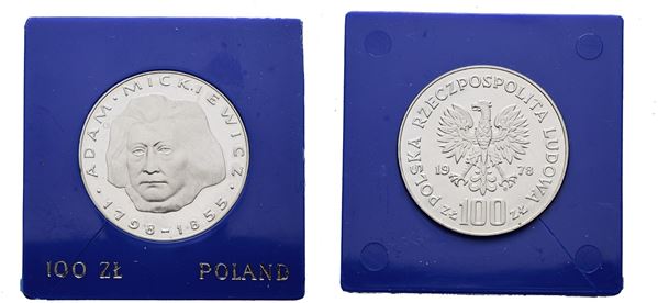 POLONIA. 100 zlotych 1978 "180 anni nascita di Adam Mickiewicz". Y 92; Ag; 16,5gr. In capsula blu.