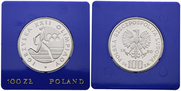 POLONIA. 100 zlotych 1980 "Giochi olimpici". Y 109; Ag; 16,5gr. In capsula blu.