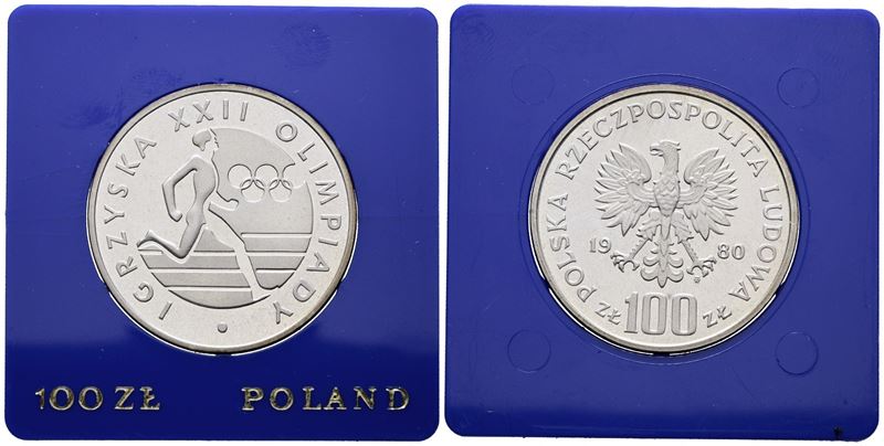 Polonia. 100 Zlotych 1980 "giochi Olimpici". Y 109; Ag; 16,5gr. in Capsula Blu.