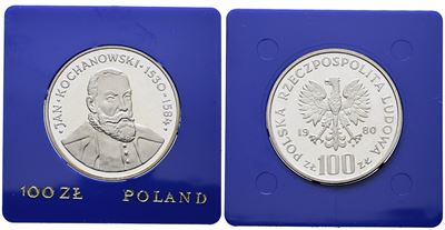 Polonia. 100 Zlotych 1980 "450 Anni Nascita di Jan Kochanowski". Y 120; Ag; 16,5gr. in Capsula Bl...