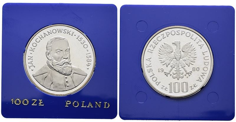 Polonia. 100 Zlotych 1980 "450 Anni Nascita di Jan Kochanowski". Y 120; Ag; 16,5gr. in Capsula Bl...