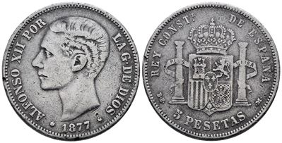 Spagna, Alfonso XII, 5 pesetas 1877, falso d'epoca, metallo argentato