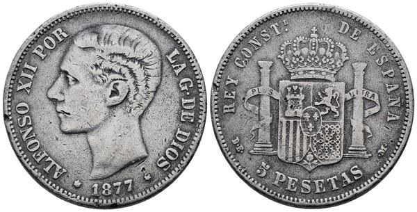 SPAGNA. Alfonso XII (1875-1885). 5 pesetas 1877. Interessante falso d'epoca argentato. KM 676. Metallo argentato; 18,15gr