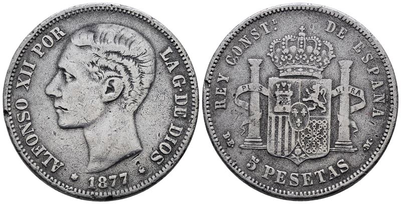 Spagna. Alfonso XII (1875-1885). 5 Pesetas 1877. Interessante Falso D'epoca Argentato. Km 676. Me...