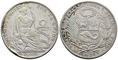 Peru'. 1 Sol 1930. Km 218; Ag; 25gr; Colpetto al Bordo.