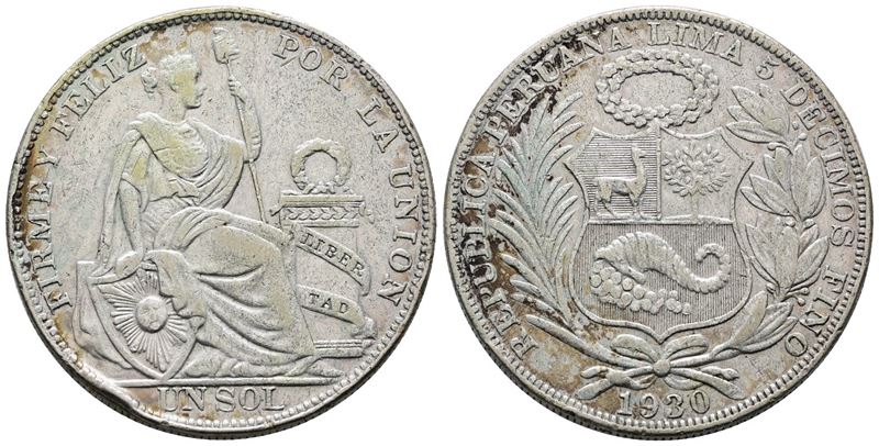 Peru'. 1 Sol 1930. Km 218; Ag; 25gr; Colpetto al Bordo.