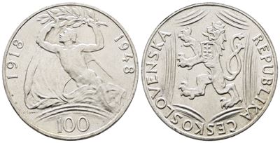 Cecoslovacchia. 100 Corone 1948 '30° Anniversario Dell'indipendenza'. Km 27; Ag; 14gr