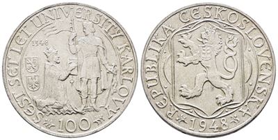 Cecoslovacchia. 100 Corone 1948 '600° Anniversario Unversità di Karlovy'. Km 26; Ag; 14gr