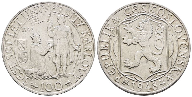 Cecoslovacchia. 100 Corone 1948 '600° Anniversario Unversità di Karlovy'. Km 26; Ag; 14gr