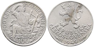 Cecoslovacchia. 100 Corone 1949 '700° Anniversario Diritti di Estrazione Mineraria'. Km 29; Ag; 1...