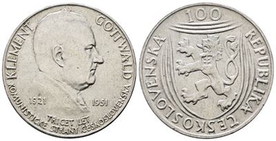 Cecoslovacchia. 100 Corone 1951 '30° Anniversario Partito Comunista'. Km 33; Ag; 14gr