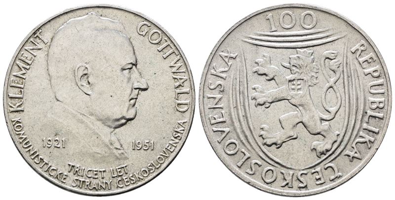 Cecoslovacchia. 100 Corone 1951 '30° Anniversario Partito Comunista'. Km 33; Ag; 14gr